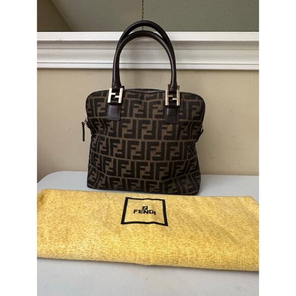 Vintage Fendi Zucca Monogram Canvas Satchel Top Handle Bag Brown Authentic - Picture 2 of 16